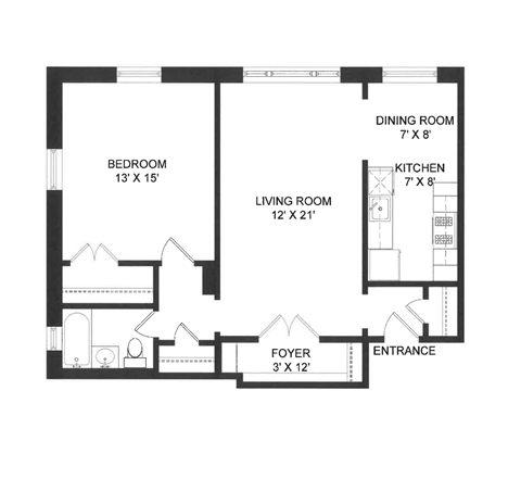 Floor plan for 1 bed, 1 bath, 523 sqft